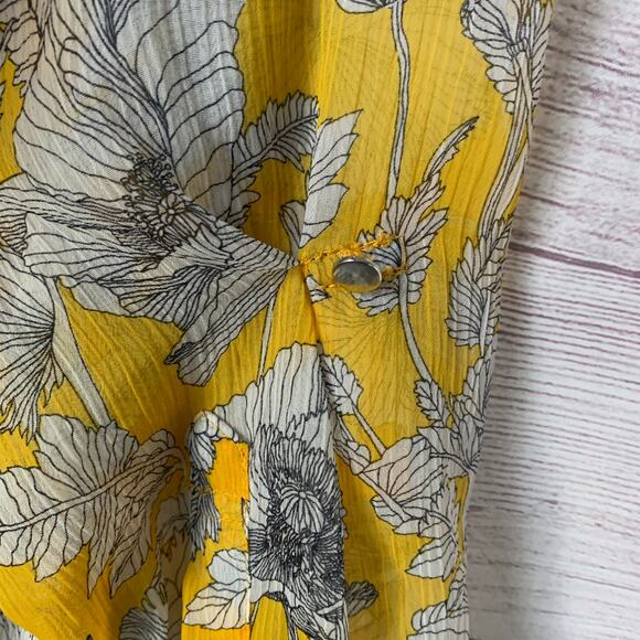 Liz Claiborne Yellow Sketch Floral Blouse Sheer Long Roll Tab Sleeves Size L - Picture 9 of 16